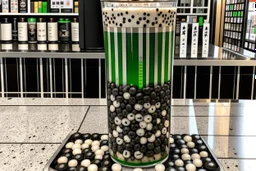 filling the frame edge to edge looking into a tank filled with matcha latte bubble tea, dark tapioca pearls along the bottom against the glass, ice floating at top, no fish, no outside of tank