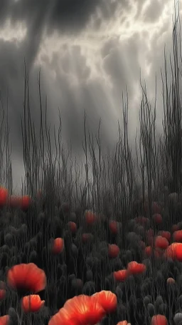 Bosch nightmares paining style Title:a field of poppies all colored in black and white, on red rose standing in the middle , 8k artistic photography, photorealistic concept art, soft natural volumetric cinematic perfect light, chiaroscuro, award-winning photograph, masterpiece, oil on canvas, Raphael, Caravaggio, Greg Rutkowski, people, beksinski, Giger