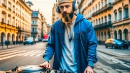 short beard man with cap, DJ play records, color sky background,at middle of old city street background, full body