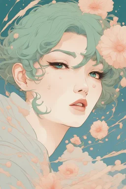 wind blowing from below, portrait of beautiful crying woman with short green hair, droplets, tears flowing up, loose lines, flowers, smoke, pastel orange and pastel blue, sense of liberation, concept art, art by james jean, takato yamamoto, 4k, concept art, illustrative