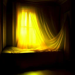 An ethereal dreamscape filled with dark golden mist, soft dark yellow light floating through translucent curtains, a peaceful intimate space, abstract shapes of a bed and window barely visible, surreal atmosphere, inspired by quiet romantic dreams, floating fabric, silence and warmth, painterly style, nighttime