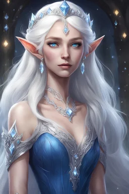 female elf with white hair and blue eyes, wearing a long blue dress with lots of diamonds and a gemful tiara on head, no smile