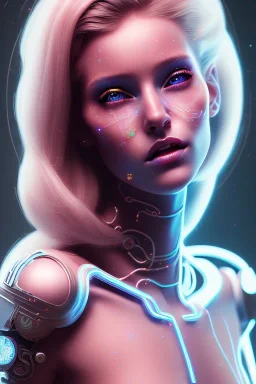 cyberpunk, head, women, portrai, tron sketch of a girl on lined paperA beautiful one nude body of a make up smiling woman blond long hair, alone, high key lighting, volumetric light high details with white stripes and blue eye, smiling with plump pink lips, flowers around, unreal engine petit prince belle fine, profil de trois quart, grand front cosmique, peau bleu cristalline, yeux bleu, perle sur le front long cheveux blond et rose etoilé, cristaux sur le corps, collier de grande princesse, l