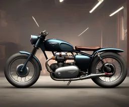technical design study, oldschool 1960s triumph bobber bike, ratrod style, short tailpipe, stylized garage interior background, hdr, uhd, 8k, dof, center camera, perspective view, pivot on triumph, by paul meijering