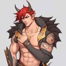 A Young Adult Male. A unique blend of Wood Elf and Red Tiefling features. His handsome face contrasts with the Yakuza dragon tattoos that cover his back, arms, and legs. He is wearing a torn coat. A physique that is strong and well-built, resembling a Fighter.