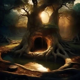 An ancient tree stands in a dry forest. The trunk of the tree is hollow. Inside the tree-hollow is a small pool of water. The water glows with a soft warm light, illuminating the inside of the tree.