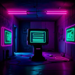 Unsettling room, neon lights, signs, empty, a computer is running, liminalcore, windows 95 logos