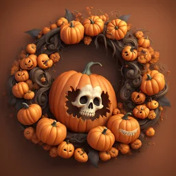 3D illustration of Halloween wreath of decorations with small pumpinks and a cute skuls caramel a deep orange background, illustration, smooth 3d digital art, exquisite thee-dimensional rendering, 4K, blender, c4d, octane render , disney style 3d light, Zbrush sculpt, concept art, Zbrush high detail, pinterest Creature Zbrush HD sculpt, neutral lighting, 8k detail