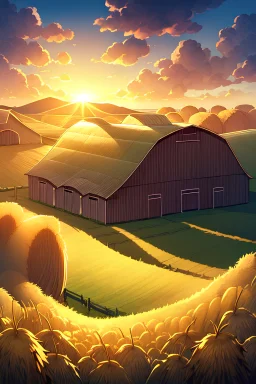 Wheat field.farm, barn, evening