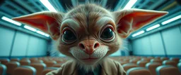 extreme close up on cheeky fluffy weasel goblin news anchor elf family scumbag in the style of Escher and Giger and Fallout 4, pinhole cam, airbrush 3d rendering, on tv screen:A five-second cinematic single take in a clean industrial presentation hall.