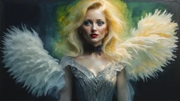 old worn plain canvas, grunge, layered, embossed, double exposure, artistic luminous watercolor, glitter, midground, luminosity, highlights, gold highlights, dark grey green highlights, portrait of victorian gothic platinum blonde woman, red lips, fluffiness, wind, airy fluttering dress, swirls, layered, blending, textured, 3D, 8K, best quality, fine rendering, high detail, hyperrealism, high resolution, high definition, layered, pin sharp, hyperfocus, vignette