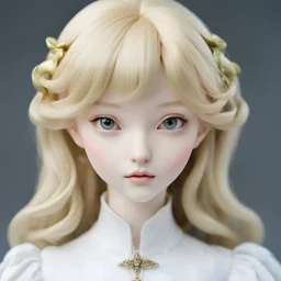 a close up of a figurine of a woman, yoshitaka amano photorealistic, girl standing, american realist style, teen elf girl, tilted perspective, pale fair skin, editorial photo from magazine, very large eyes. symmetry, submissive, light blond hair, as a xixth century painting, gangly, loli