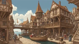 gothic medieval wooden harbour with piers and ships, people, shops, bridges, arches, balconies, taverns, blue sky