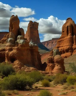 A brown dangerous mountain with stone statues designed in Navajo woven art painted by Claude Monet