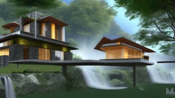 modern house by a big water falls in a karstic montain rain forest