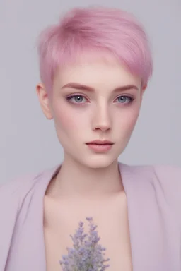 A young woman with lavender skin, purple eyes, pink hair in a pixie cut with pink freckles.