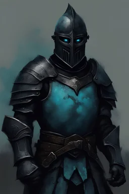 A dark knight with turquoise blue steam in his eyes, Corinthian helmet, black armor, standing darkly on a medieval battlefield.