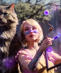 Ultra realistic photo, happy couple, blonde Alice woman and purple cat smoking a pipe, circus blue dress style, black headband with bow, old school body tattoo, smoke, marihuana garden, glow eyes, perfect iris, soft color, highly detailed, unreal engine 5, ray tracing, RTX, lumen lighting, ultra detail, volumetric lighting, high definition.