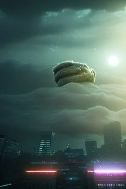 Worm Eye View Scene. Giant hair monster ball flaying on Tokio skyline night. Rain.