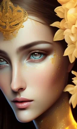 Portrait of beautiful women, correct facial symmetry, golden crown, dark brown hair, dark background, white flowers, loish style, painting, 8k, colorful, brush strokes,