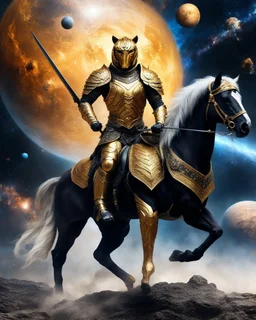 Realistic photography take photoshoot from far,front view of a humanoid warrior tiger with armor golden clothing ,riding a black horse , flying in space, on galaxy surrounded by planets