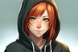 An anime young adult female with medium length red hair, brown eyes, wearing a black hoodie, realistic, slight smile