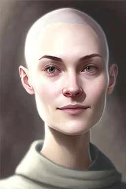 full color portrait drawing, portrait, 22-year old friendly female human cleric, shaved head, light eyebrows, grey eyes