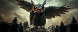 bad ass Owlbears overlord with some kobolds, hyperrealism, motion blur background with black stone posts as frame