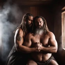 half figure shot photography of two angry gipsy 41 years old burly chubby ugly men embracing tightly from back, praying forward, dreadlocks, shirtless, in a sauna full of steam, dim lights, side light, ambient occlusion,