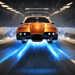 award winning car and driver photograph of a futuristic station wagon fighter-jet genetic-splice designed by only one vehicle per image painted metallic orange traveling at a high rate of speed, jet intake off of front center of vehicle and jet exhaust out the rear with bright blue flames painted on the hod and front quarter panels, bilaterally symetrical, more a high speed road vehicle