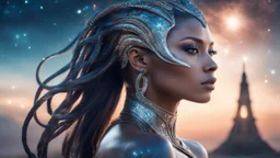 gorgeous female humanoid alien, double exposure, silver skin, slender muscular warrior looking over her shoulder at the sky, tentacles, copper-zinc orichalcum jewelry and piercings, beautiful face, mesmerizing starry eyes, smooth translucent skin, hourglass, glowing, glare, size DD.