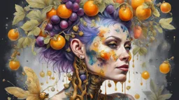 Punk woman 49 years old, hair made of Fruits, Grapes, tangerines, gold, gouache, watercolor, acrylic, paint drips, branches, fine drawing, golden makeup, bees, tattoo, robot, alien, bright colors, double exposure, high detail, high resolution, 8K, 3D, bees,