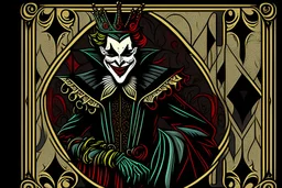 Stylized Medieval European joker, In the style of Tarot and Art Deco, black colours