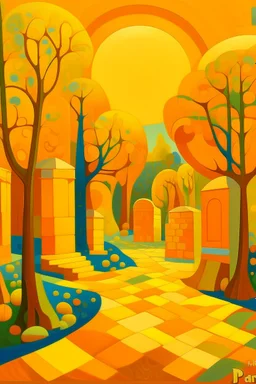 A yellowish orange colored blocky park with magnets painted by Paul Ranson