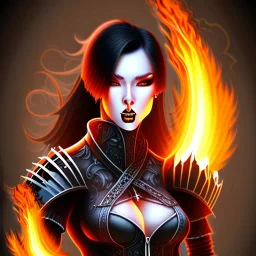 black hair lady hunter top with flames