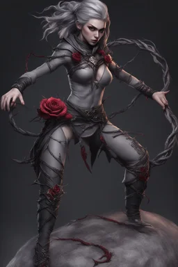 female gray skin, Shadar-Kai wielding a Whip made out of black thorns, clothes with a dark rose theme