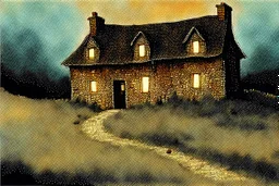 lone old stone cottage with lights on, by Frozen apocalypse " a patchwork art by Jamie heiden, peter doig, Renoir, pol Ledent, endre penovac, Gustave Loiseau, Arthur Rackham, Doug Chinnery, Maud Lewis. inlay, watercolors and ink, beautiful, fantastic view, extremely detailed, intricate, best quality, highest definition, rich colours. intricate beautiful dynamic lighting award winning fantastic view ultra detailed 4K 3D high definition hdr elegant intricate beautiful award winning fantastic view
