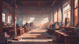 Vector. 2D animated. Kurd. Digital painting, inside. Old Spinning and weaving factory. Minimal.
