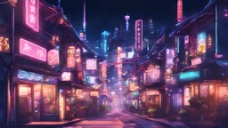 Cute and aesthetic anime town at night with neon signs and sparkles