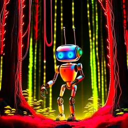 portrait of a cute chat robot walking tight rope in an underground grove, in the style of dali, 8k, down-light, soft light, depth of field, photo realism, trending on art station, high detail,