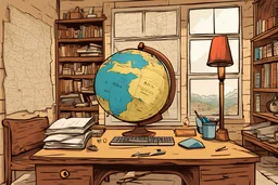 office, work desk, map globe, village house, old room, minimal, letters, digital painting, vector, illustration, politics, 1900 AD, old, colora, cartoon