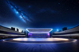 a big open empty wide disko stage in modern city in a very big square in midnight , at distance,night sky ,stars