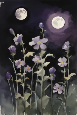 Night, purple flowers, moon, gothic horror films influence, winslow homer watercolor paintings