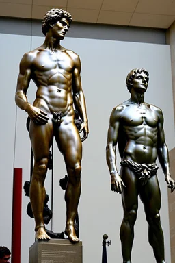 in a modern art display, two famous statues are next to each other, one is David and the other is the Discobulus statue. The discobulus hand covers the private part of David, they both look disgusted at each other