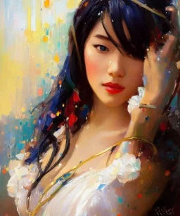 realist impressionist portrait of "The Curious Female" by Ross Tran rework. Masterpiece, best quality, painted impressionist brush strokes. paint drips and drabs and splatters by and by art nouveau and richard schmid . Paint spatters, drips, drabs, dynamic, artstation, artgerm