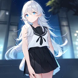 Clear focus, High resolution, Medium length fluffy hair, blue eyes, white pupils, wearing a black sleeveless shirt, showing little bit of her back, wearing a black sailor skirt, 1girl, female