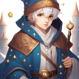 Fantasy World, A boy only wearing a closed wizards robe, and wearing a wizards hat. White Hair. Eyes That Looks Like a Clock.