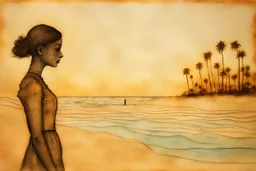 painted and burned burlap, girl at the tropical beach, styles of Paul Klee Dee Nickerson and Tim Burton, melting watercolor and black ink outlines on wet paper, soft, shading strokes, in sunshine, ethereal, otherwordly, cinematic postprocessing, bokeh, dof