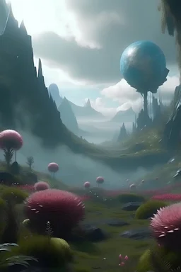 Un valle entre altas montañas flotantes, con flores gigantes, pequeños seres extraños entre la vegetación, el clima es húmedo, film de ciencia ficción