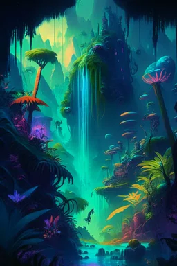 A fantastical landscape painting of a lush, alien jungle on a distant exoplanet, with bioluminescent plants, towering waterfalls, and an array of otherworldly creatures, executed in a rich color scheme and imbued with a sense of awe and wonder.